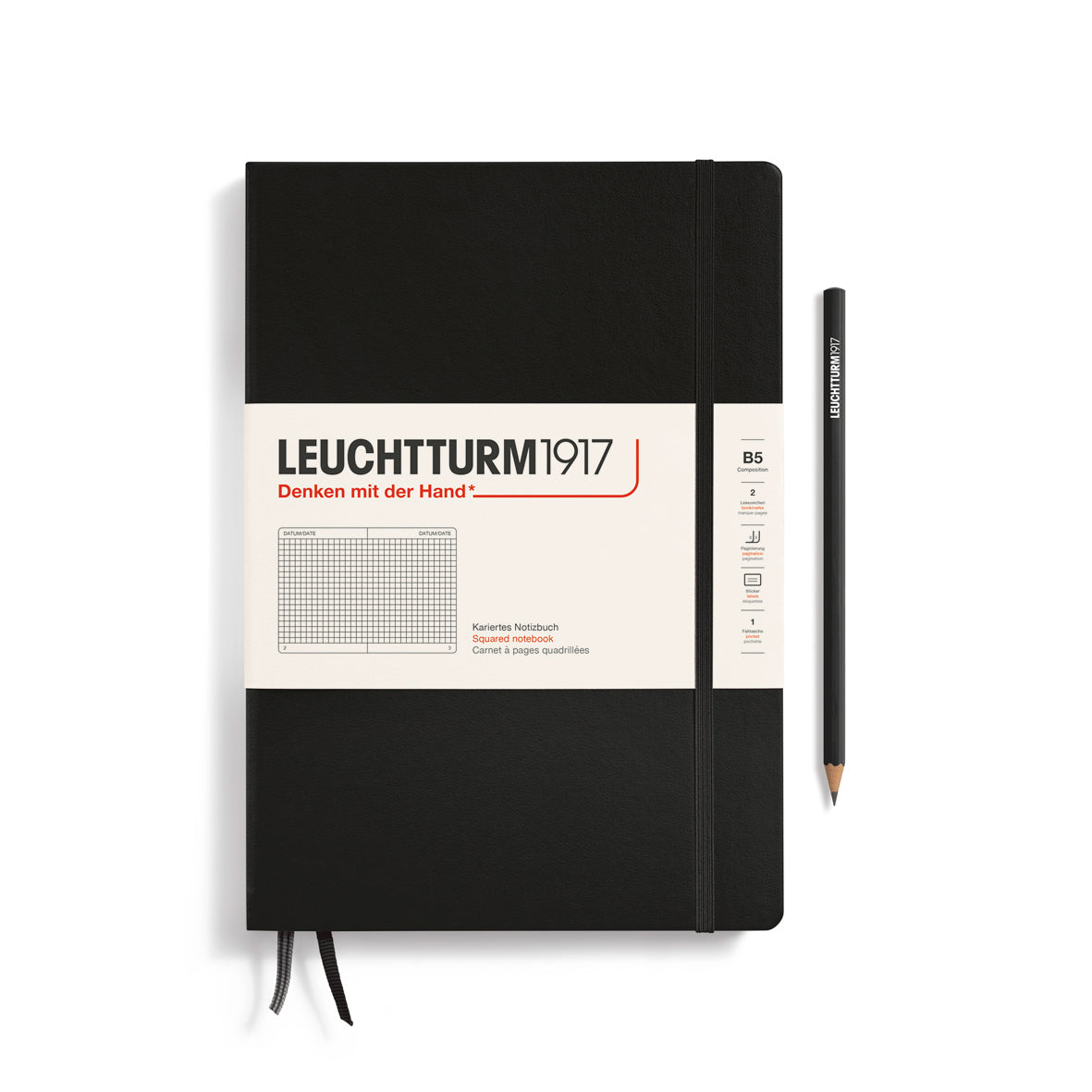 Black notebook with white label featuring 'Leuchtturm1917' branding on a white background.