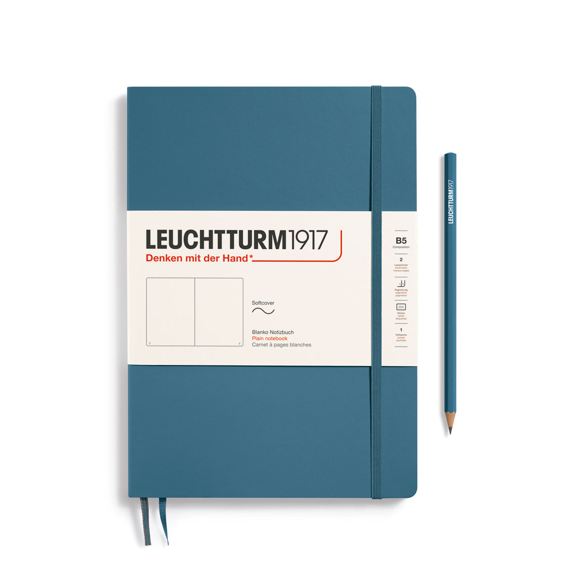 Blue notebook with Leuchtturm1917 branding and a pencil on a white background