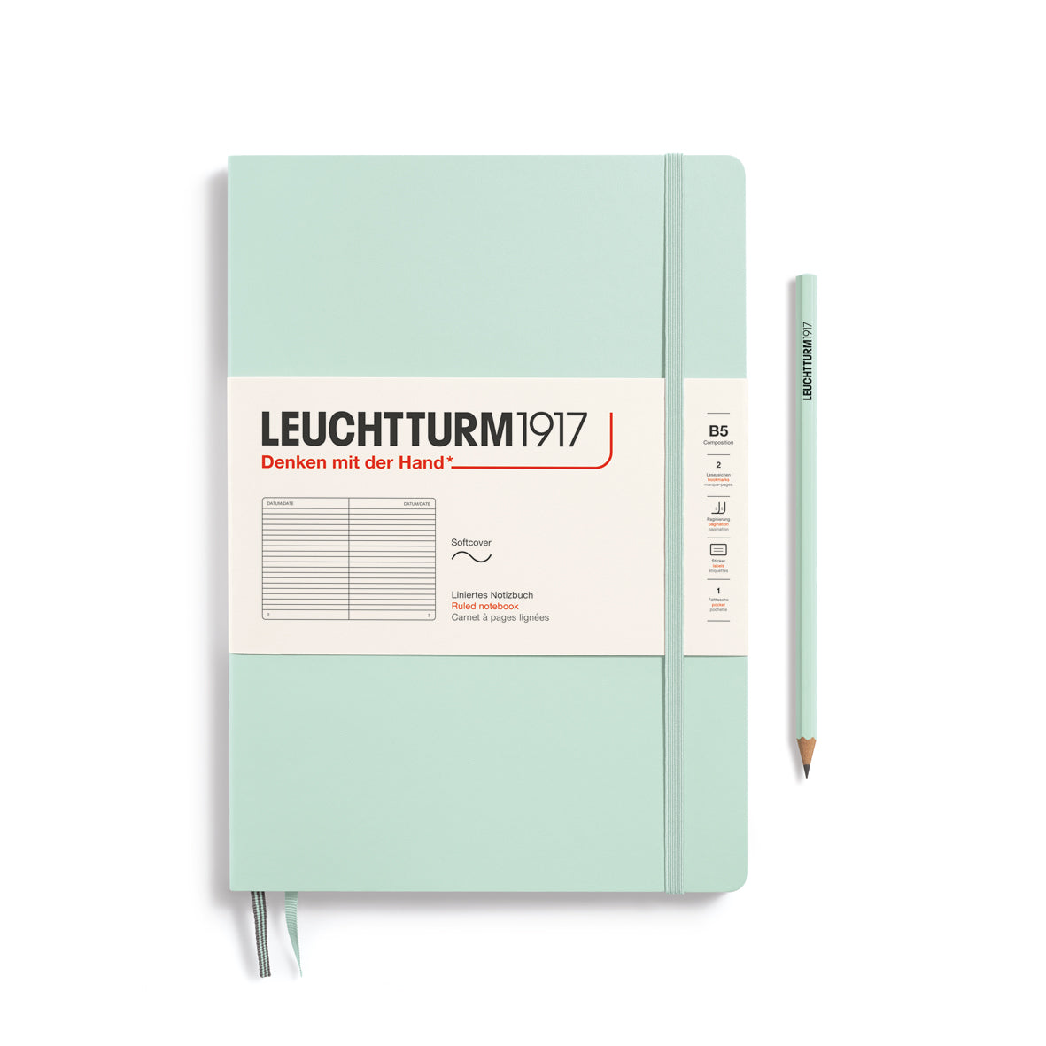Light green notebook with Leuchtturm1917 branding on a white background
