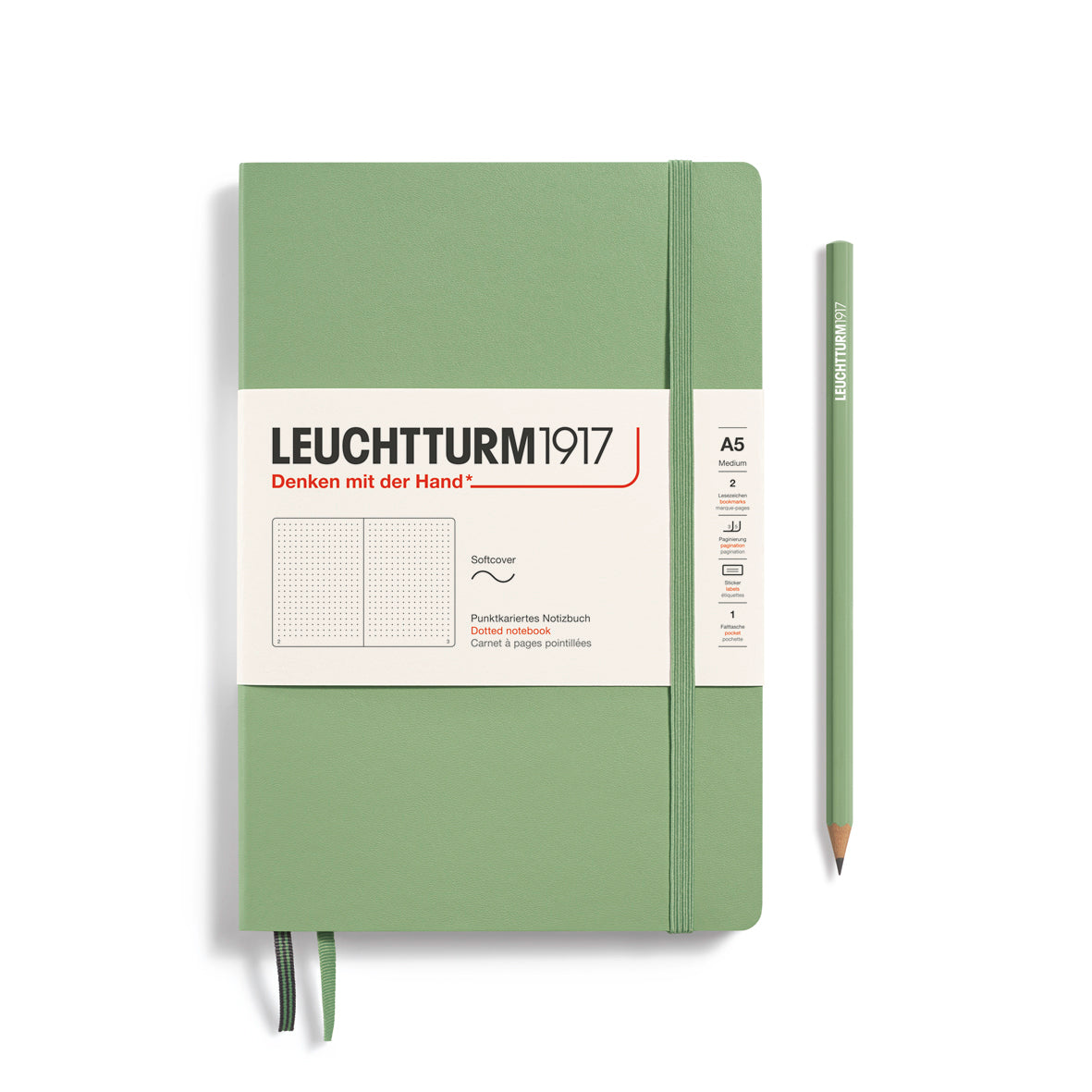 Green notebook with a pencil on a white background, featuring Leuchtturm1917 branding.