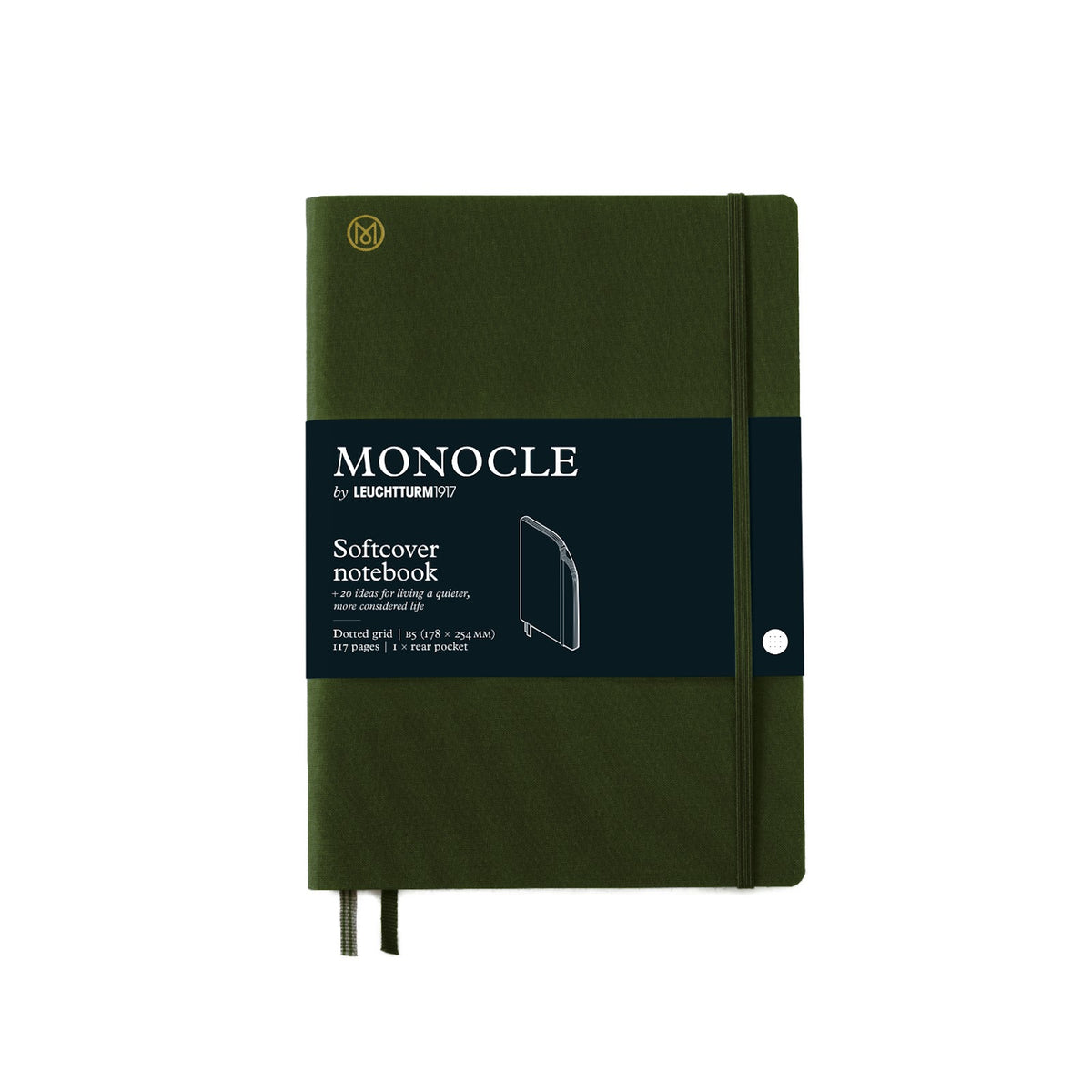 Green notebook with Monocle branding on a white background