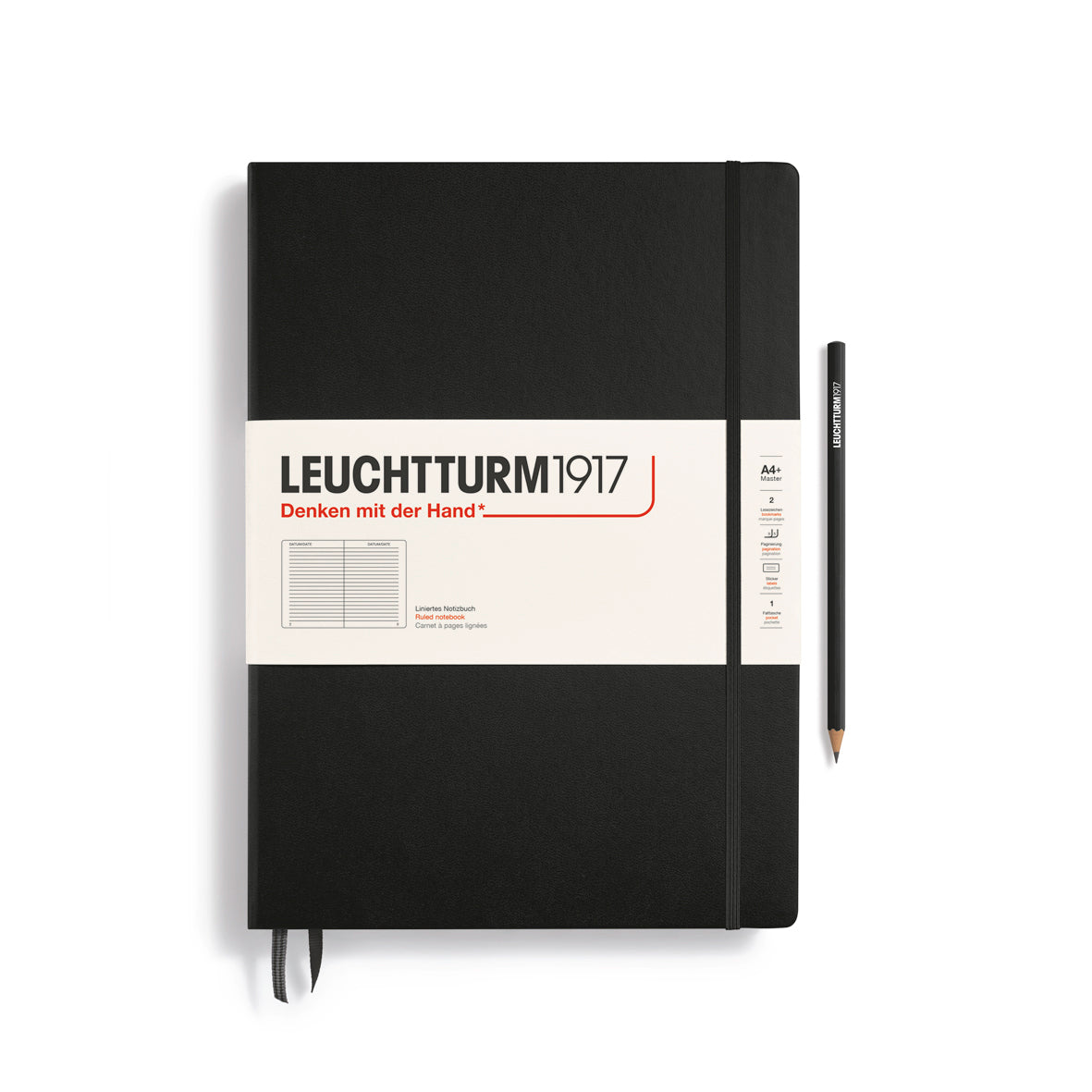 Black notebook with Leuchtturm1917 branding on a white background