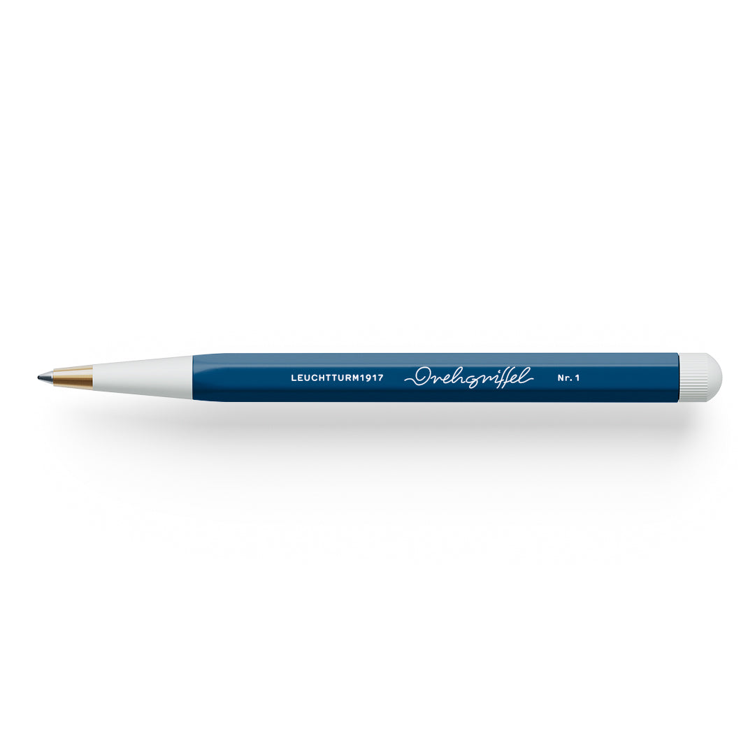 Blue pen with white accents on a white background.