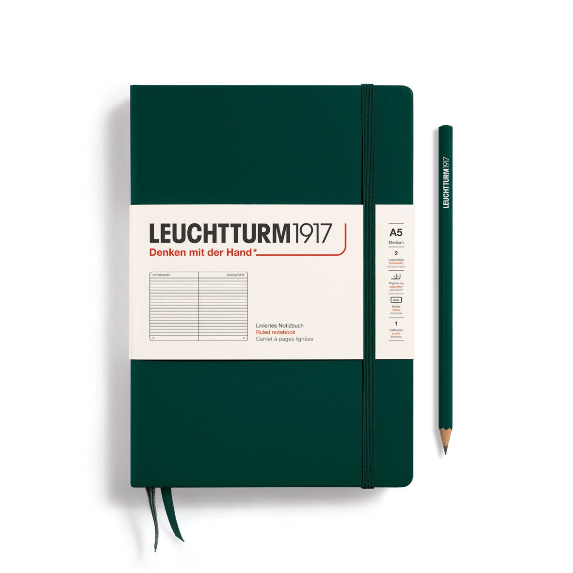 Green notebook with Leuchtturm1917 branding on a white background