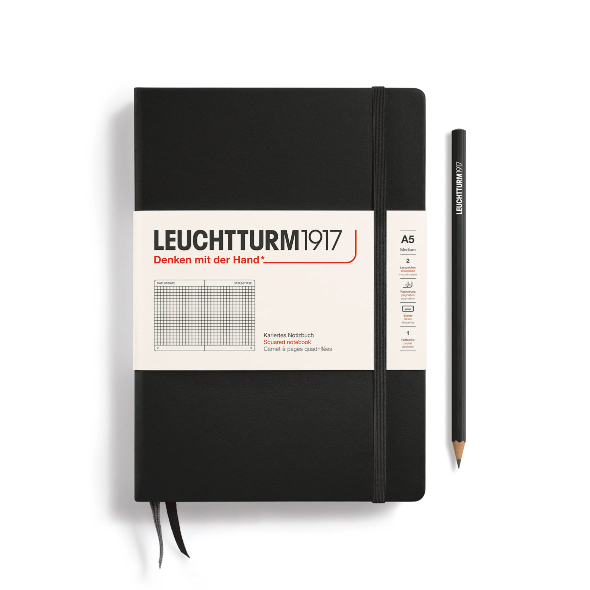 Black notebook with Leuchtturm1917 branding on a white background