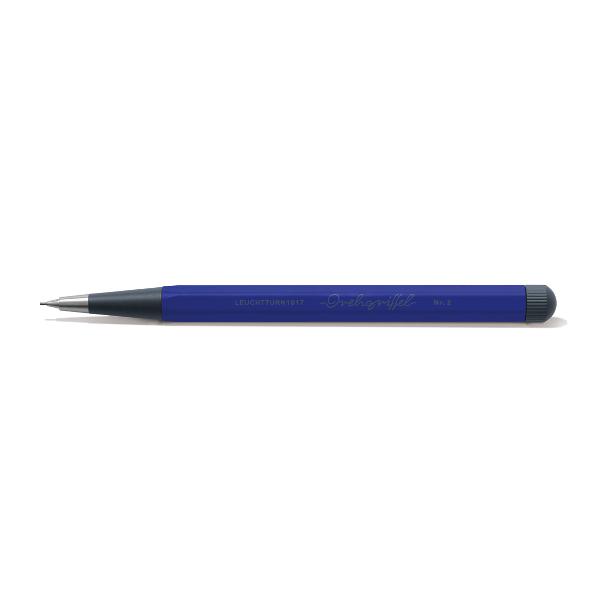 Blue pencil with black accents on a white background