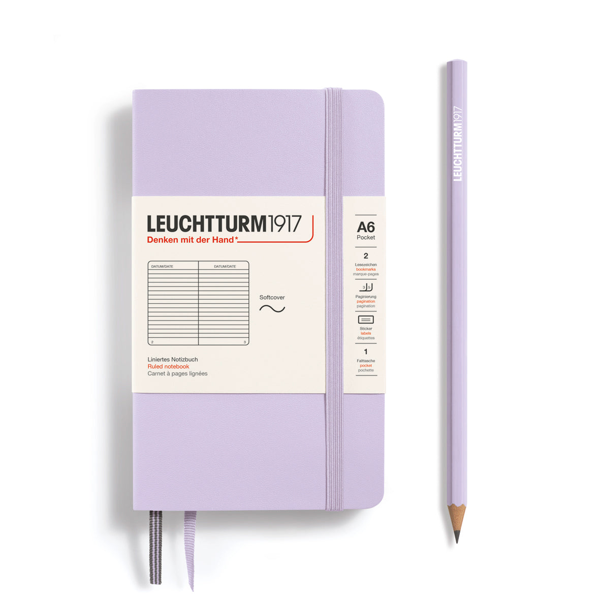 Purple notebook and pencil with Leuchtturm1917 branding on a white background