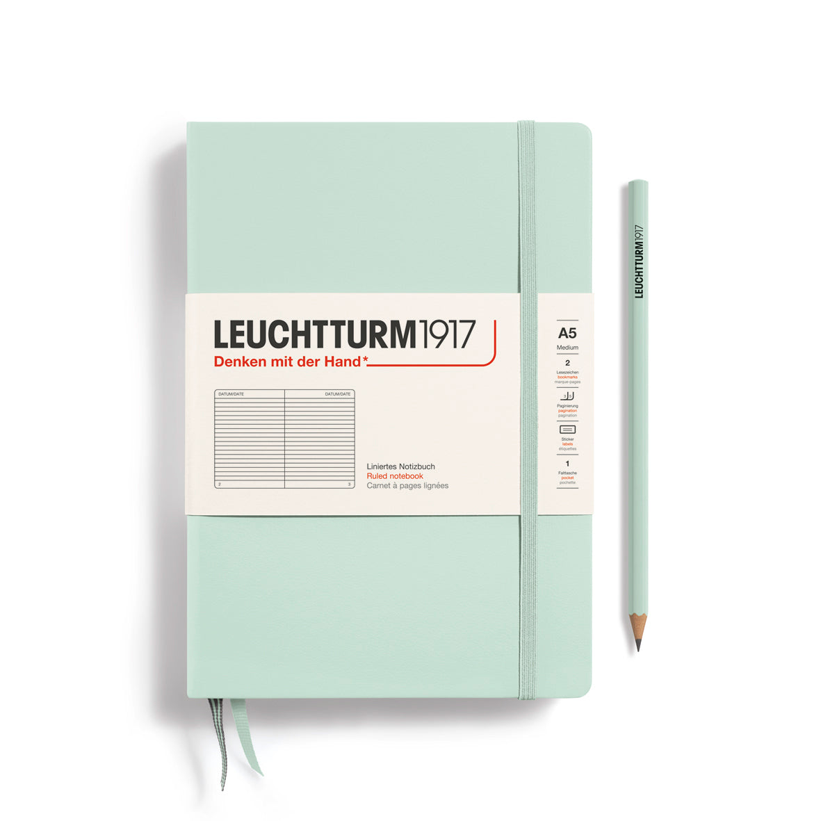 Light green notebook with Leuchtturm1917 branding on a white background