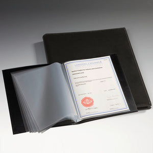 Black certificate holder with a displayed certificate on a gray background