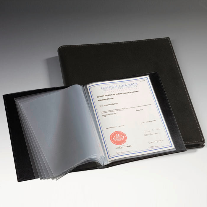 Black certificate holder with a displayed certificate on a gray background