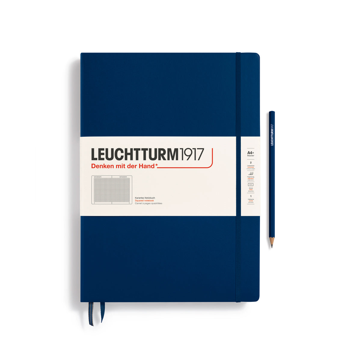 Blue notebook with Leuchtturm1917 branding on a white background