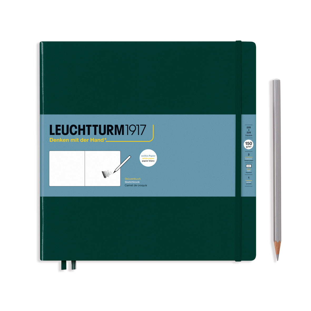 Green notebook with blue label and pencil on a white background, featuring Leuchtturm1917 branding.