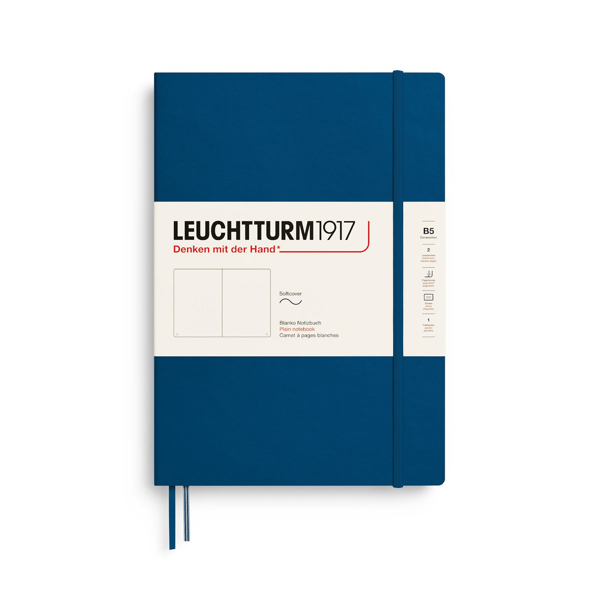 Blue notebook with Leuchtturm1917 branding on a white background