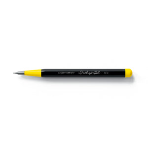 Pencil with black body and yellow accents on a white background