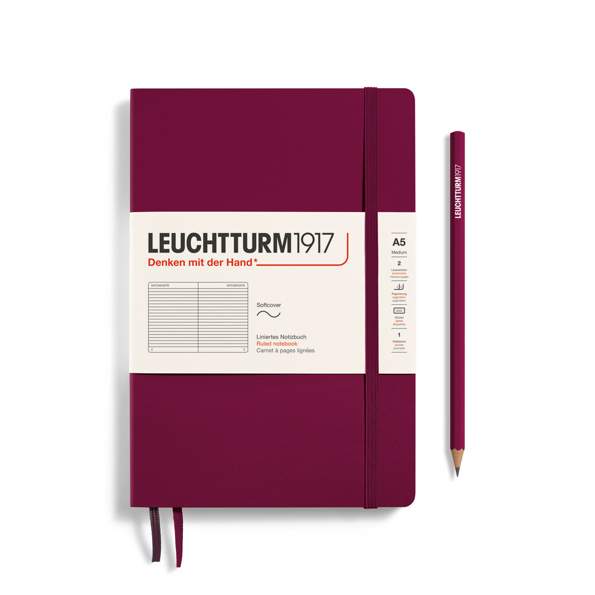 Maroon notebook with white label and pencil on a white background, featuring Leuchtturm1917 branding.