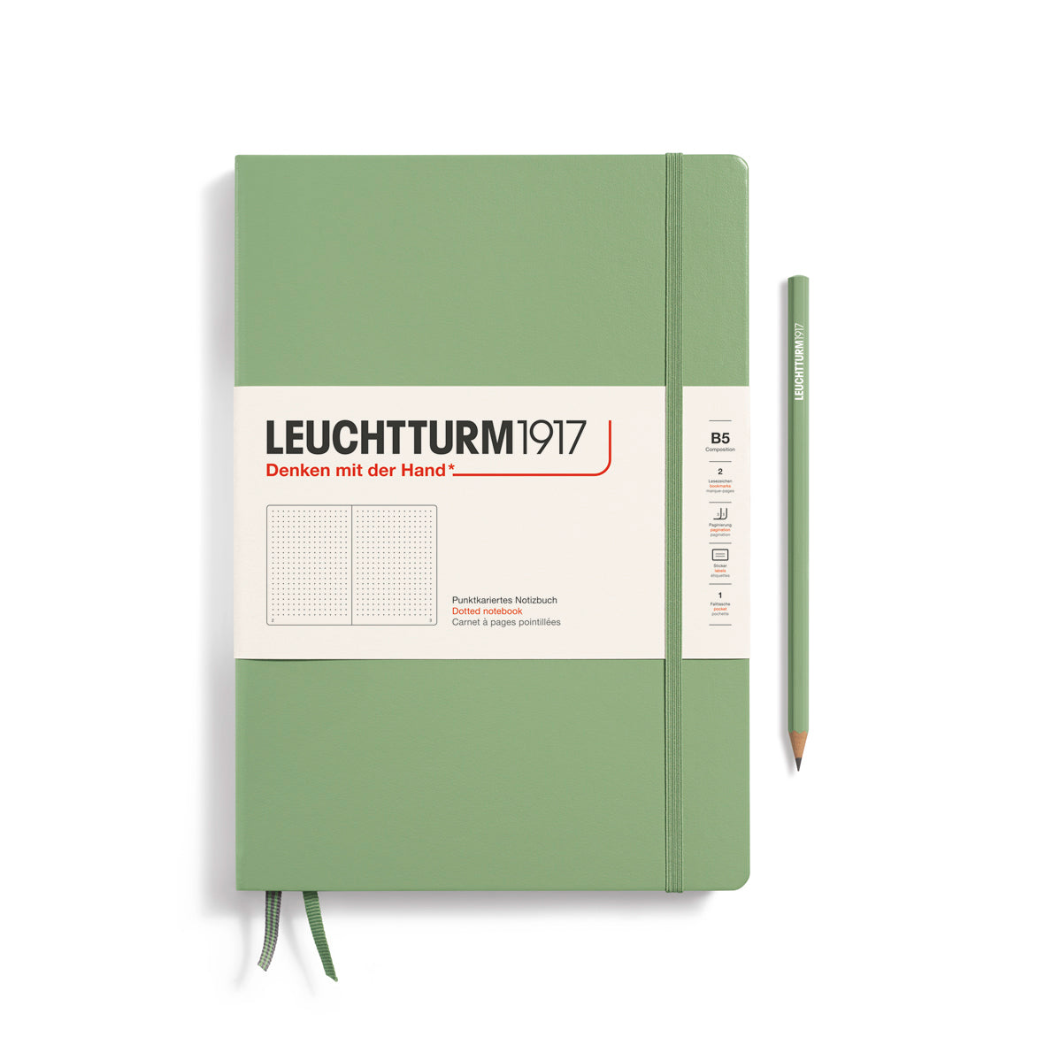 Green notebook with a pencil on a white background, featuring Leuchtturm1917 branding.