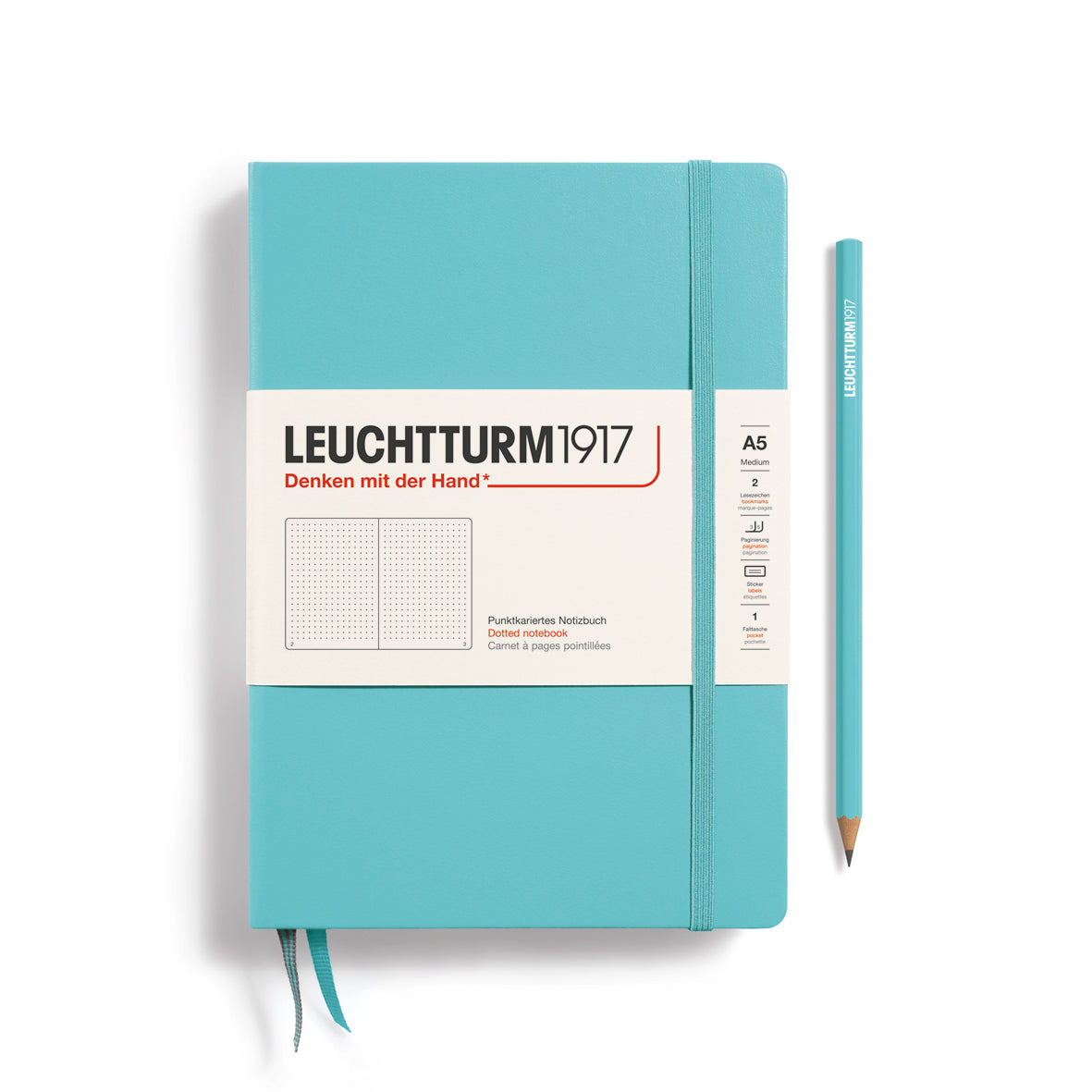 Turquoise notebook with Leuchtturm1917 branding on a white background