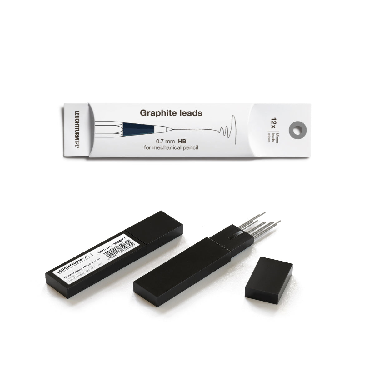 Graphite leads for mechanical pencils with packaging on a white background