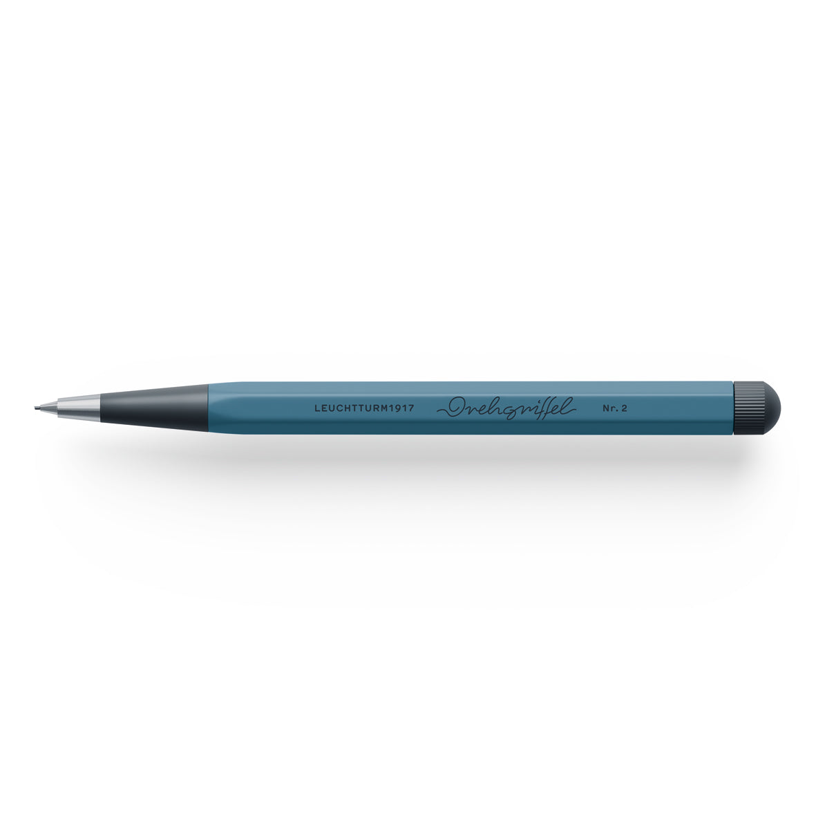 Blue pencil with black cap on a white background
