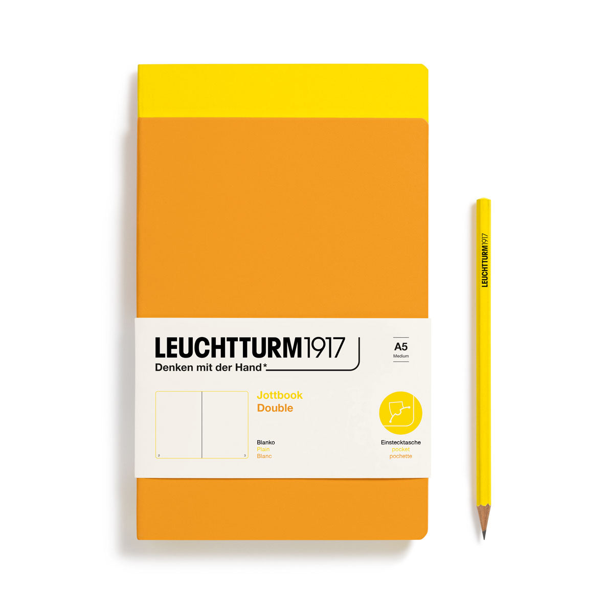 Leuchtturm1917 notebook with a yellow cover and pencil on a white background