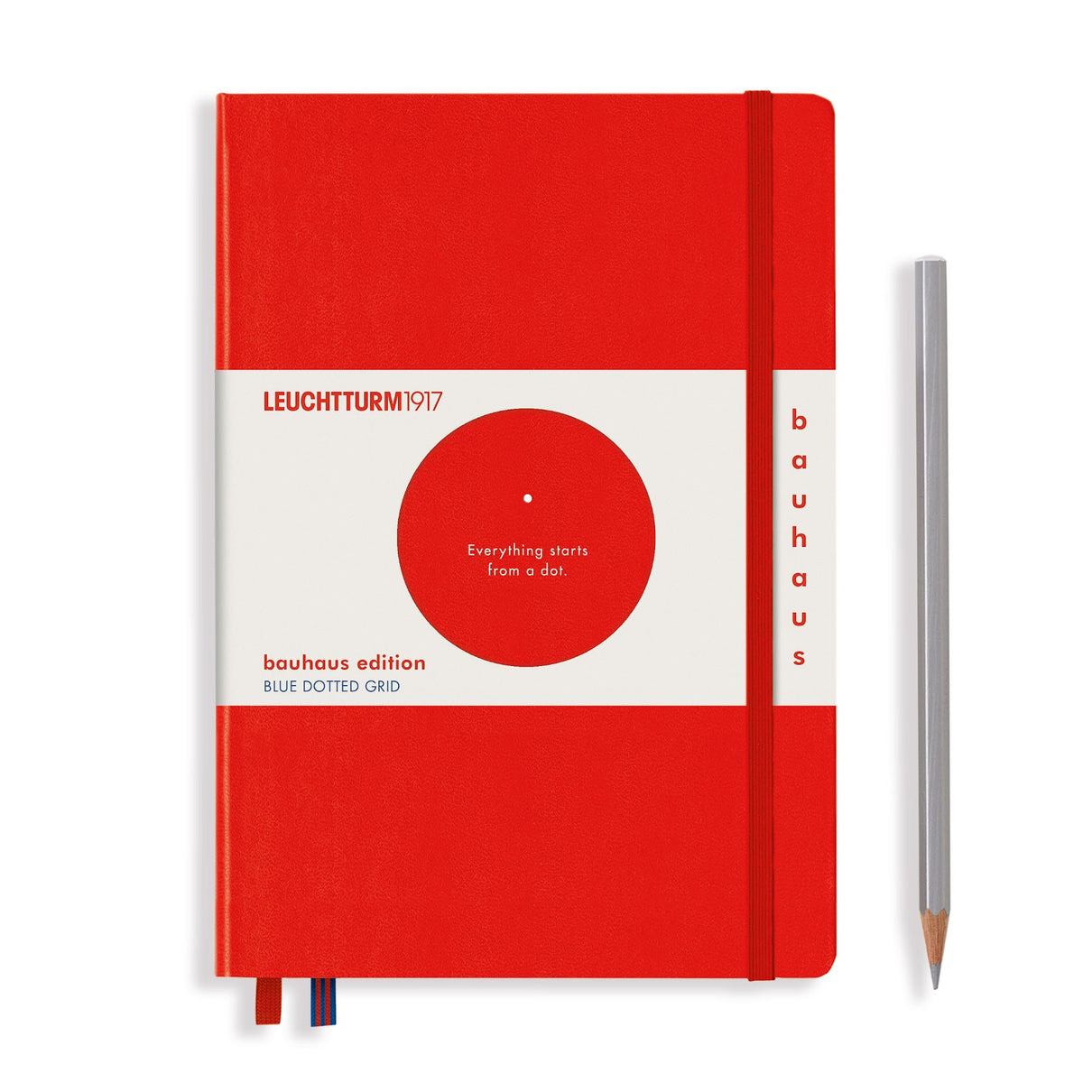 Red notebook with white cover featuring Leuchtturm1917 branding and a pencil on a white background
