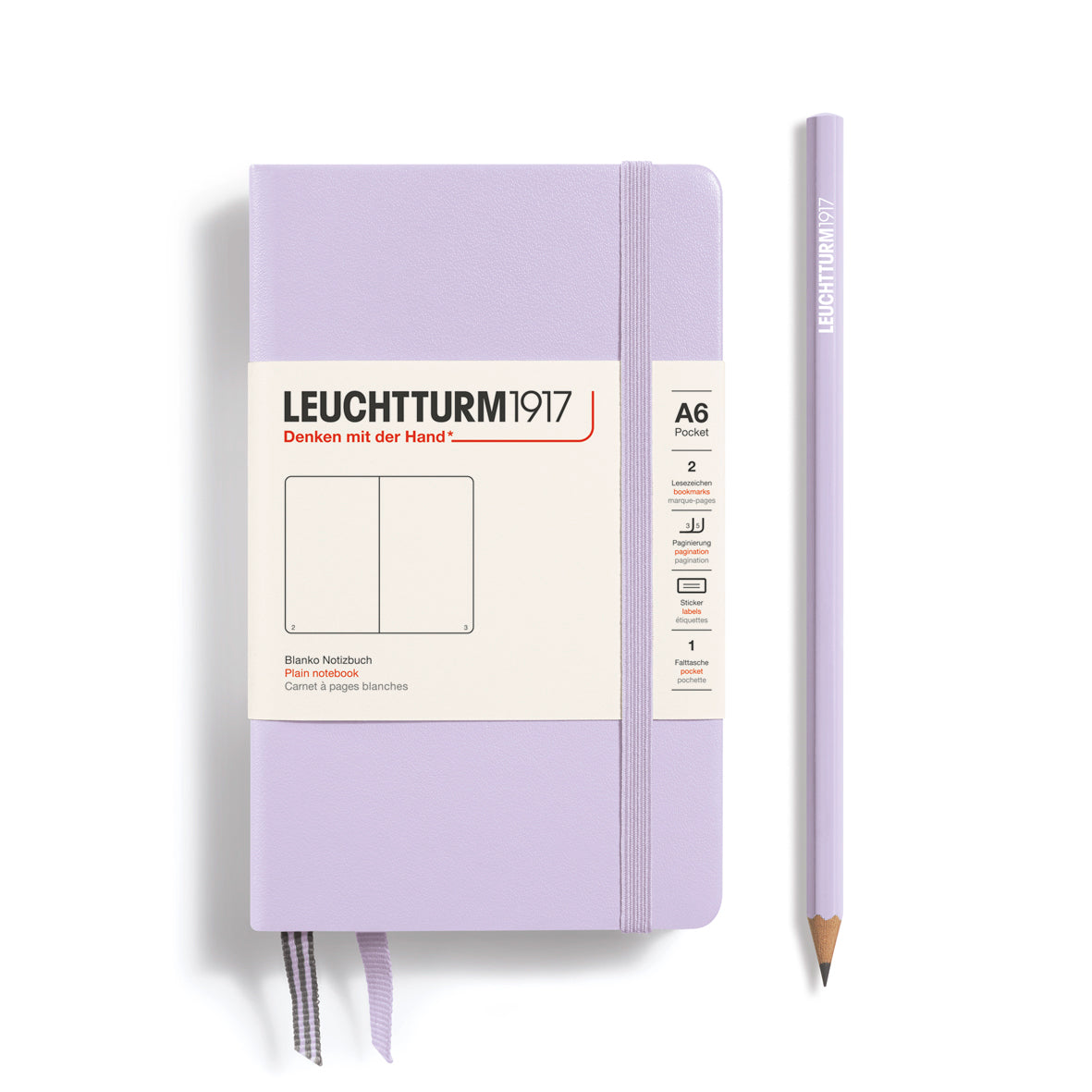 Purple notebook with a pencil on a white background, featuring Leuchtturm1917 branding.
