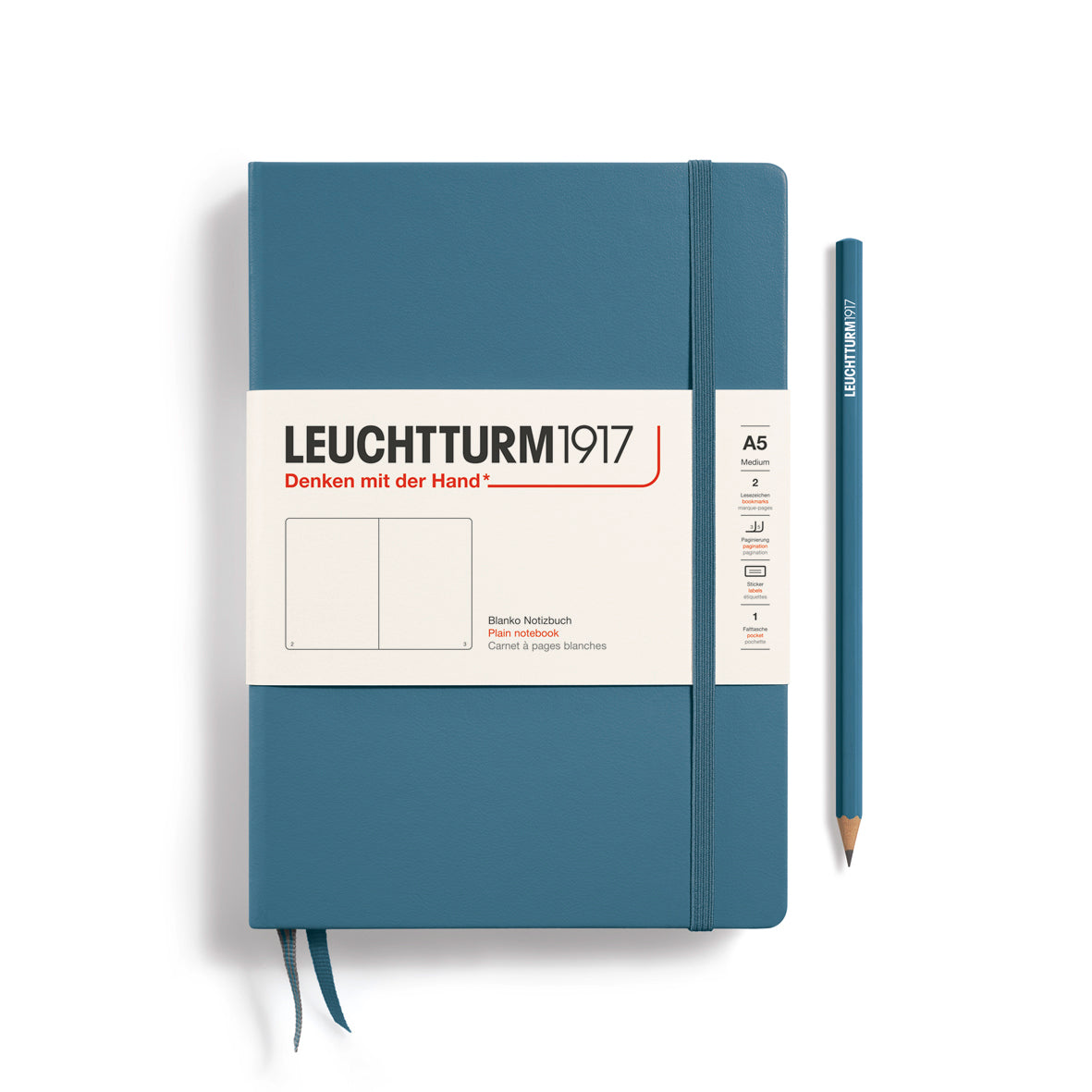 Blue notebook with Leuchtturm1917 branding on a white background