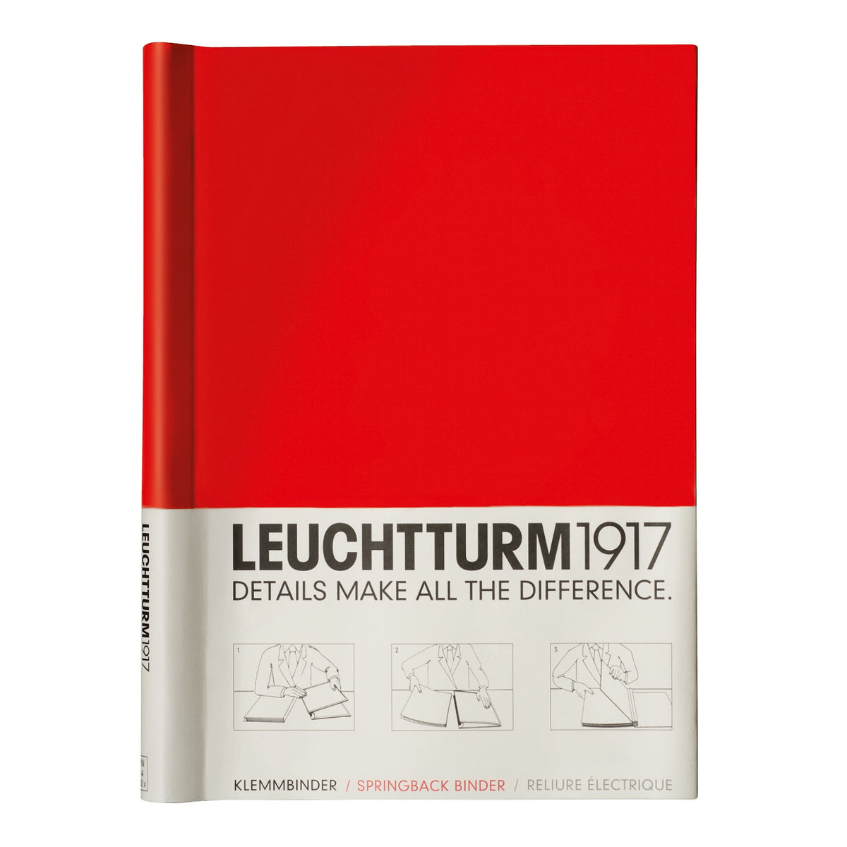 Red springback binder with 'Leuchtturm1917' branding and text on a white background