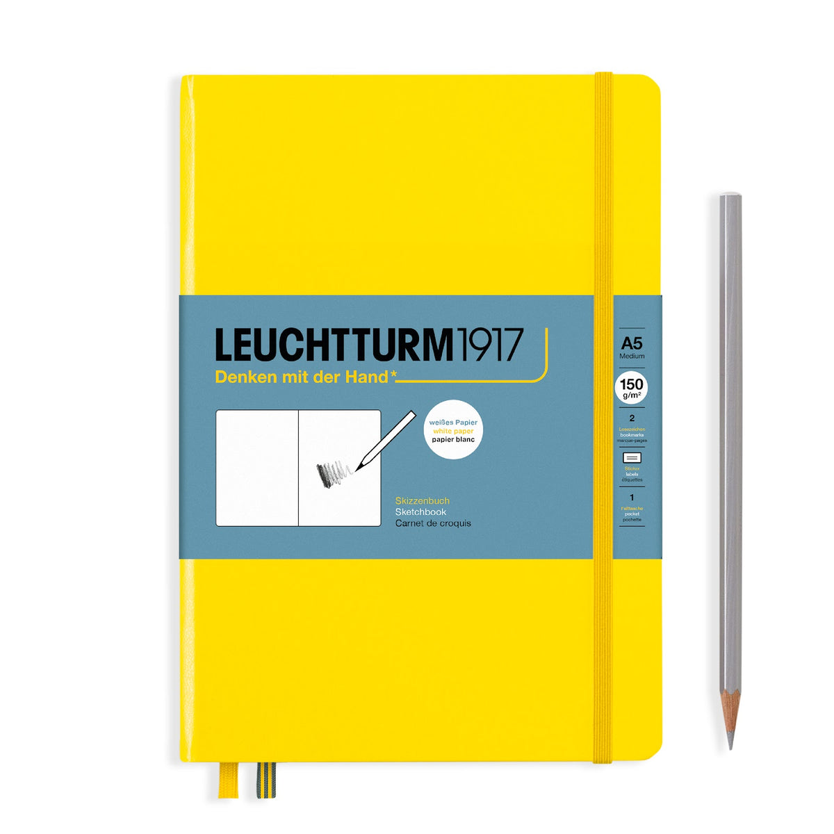 Yellow notebook with blue label featuring 'Leuchtturm1917' on a white background