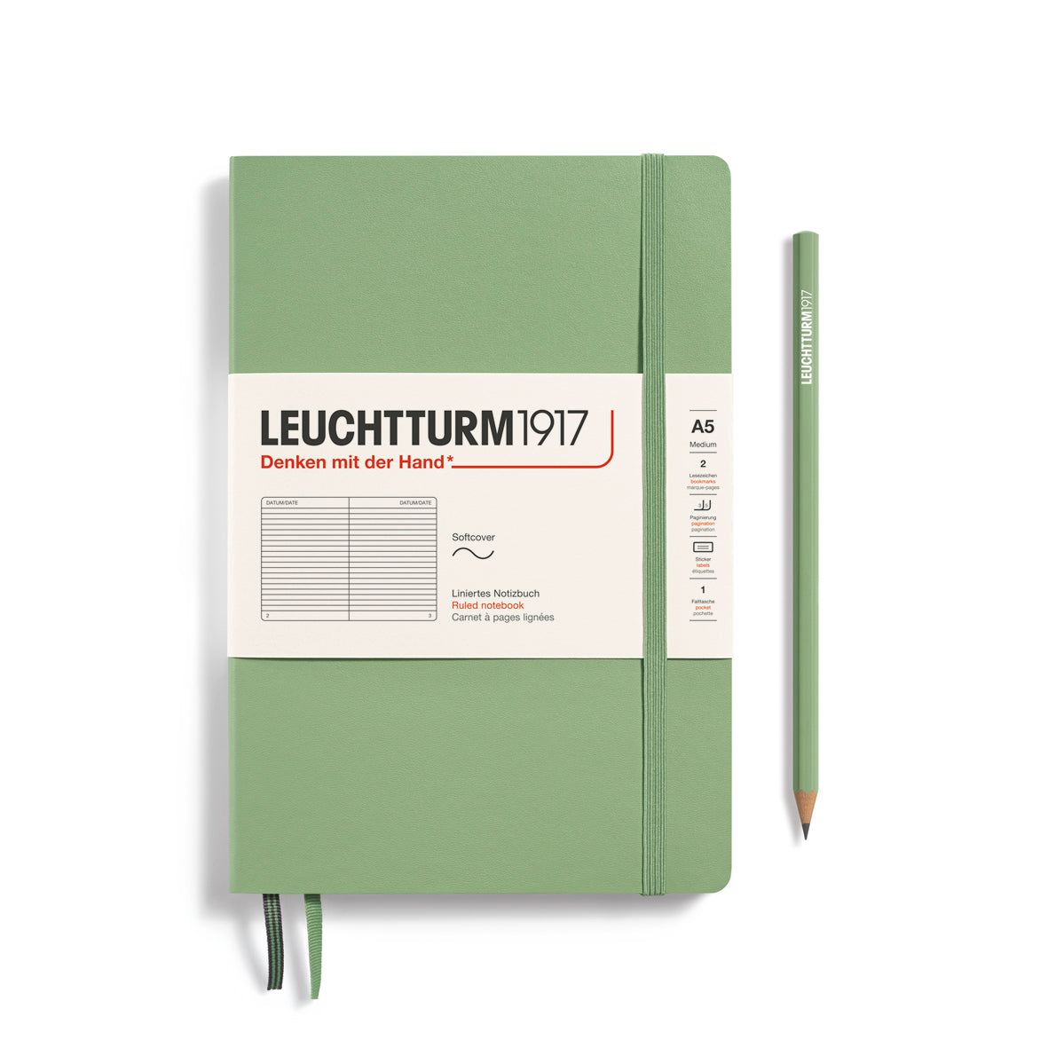 Green notebook with Leuchtturm1917 branding on a white background