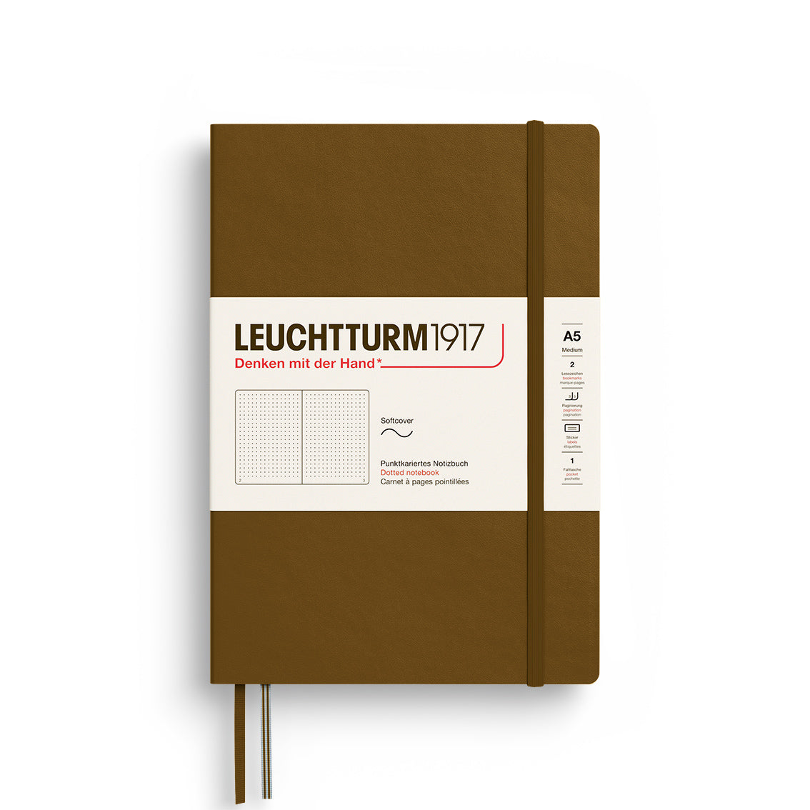 Brown notebook with white label featuring 'Leuchtturm1917' on a white background