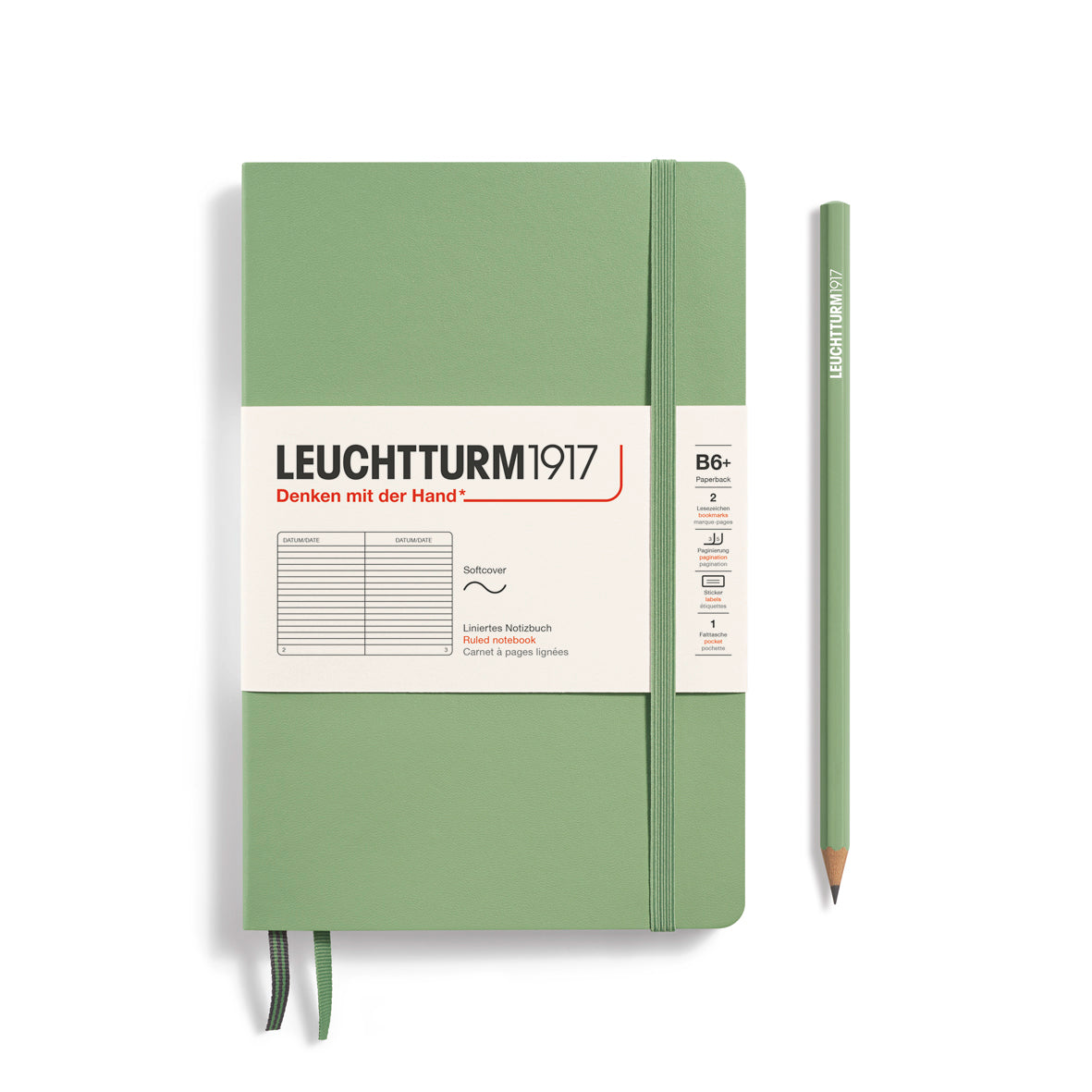 Green notebook with a pencil on a white background, featuring Leuchtturm1917 branding.