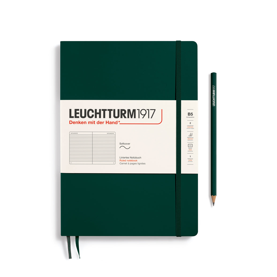 Green notebook with Leuchtturm1917 branding and a pencil on a white background