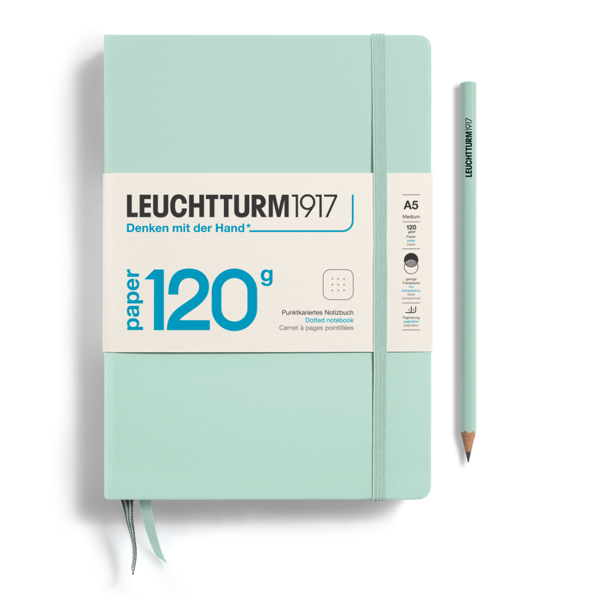 Light green notebook with a pencil on a white background, featuring Leuchtturm1917 branding.