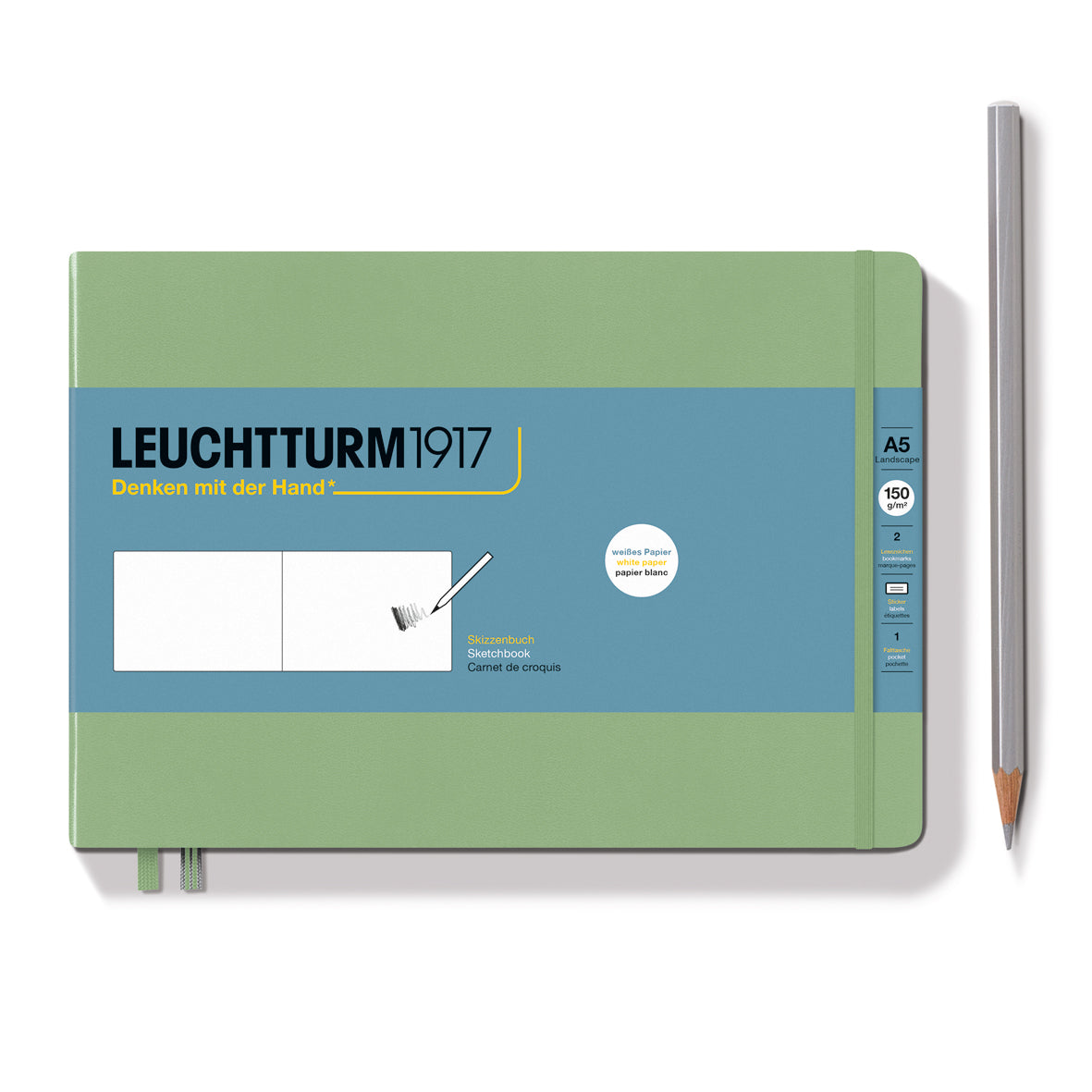 Green notebook with blue label and a pencil on a white background