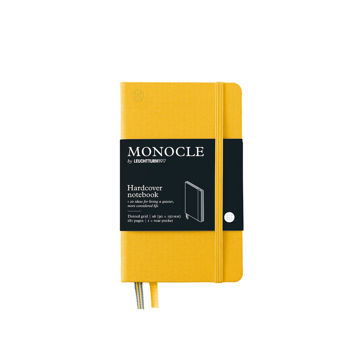 Yellow notebook with a black label on a white background