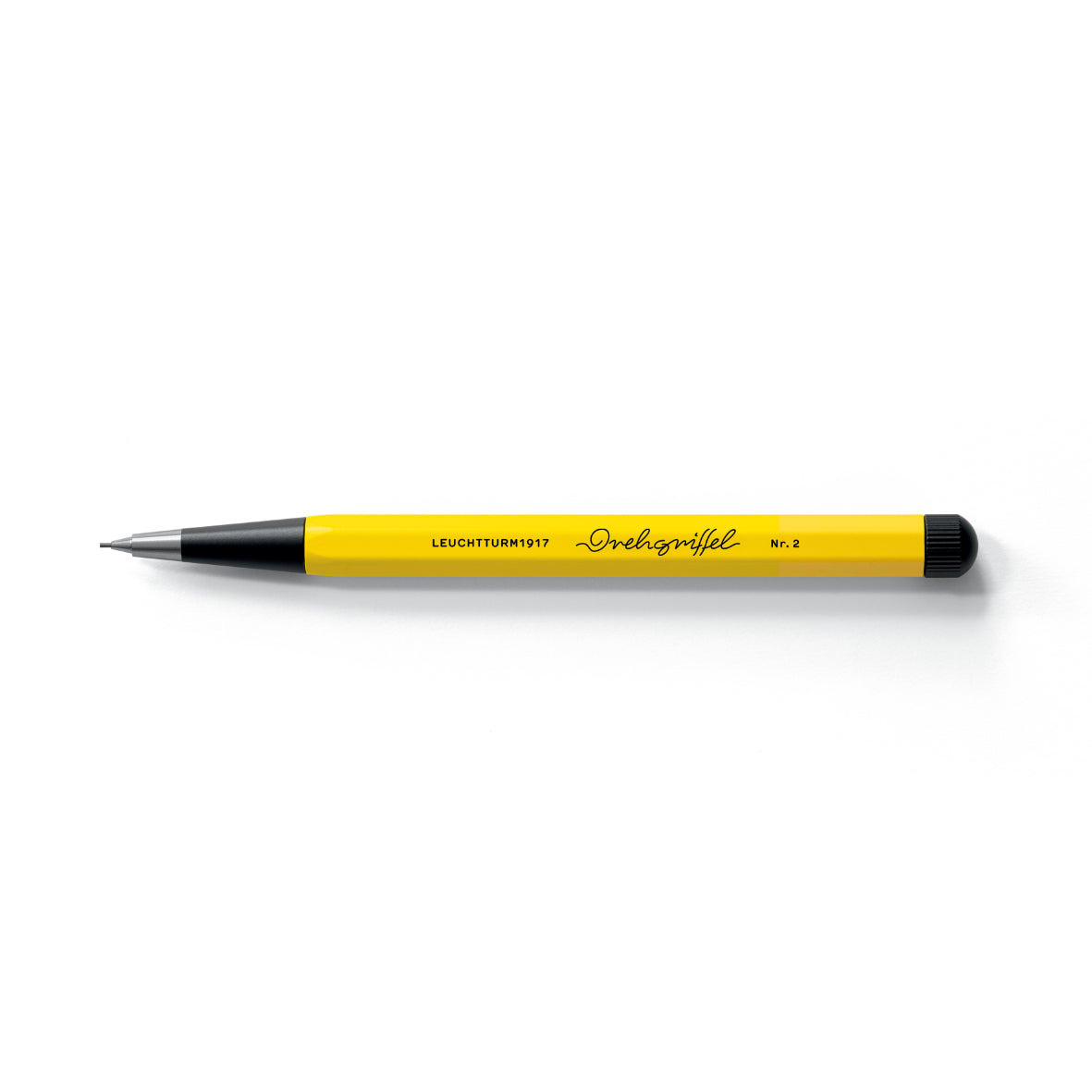 Yellow pencil with black accents on a white background