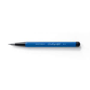 Blue pencil with black accents on a white background