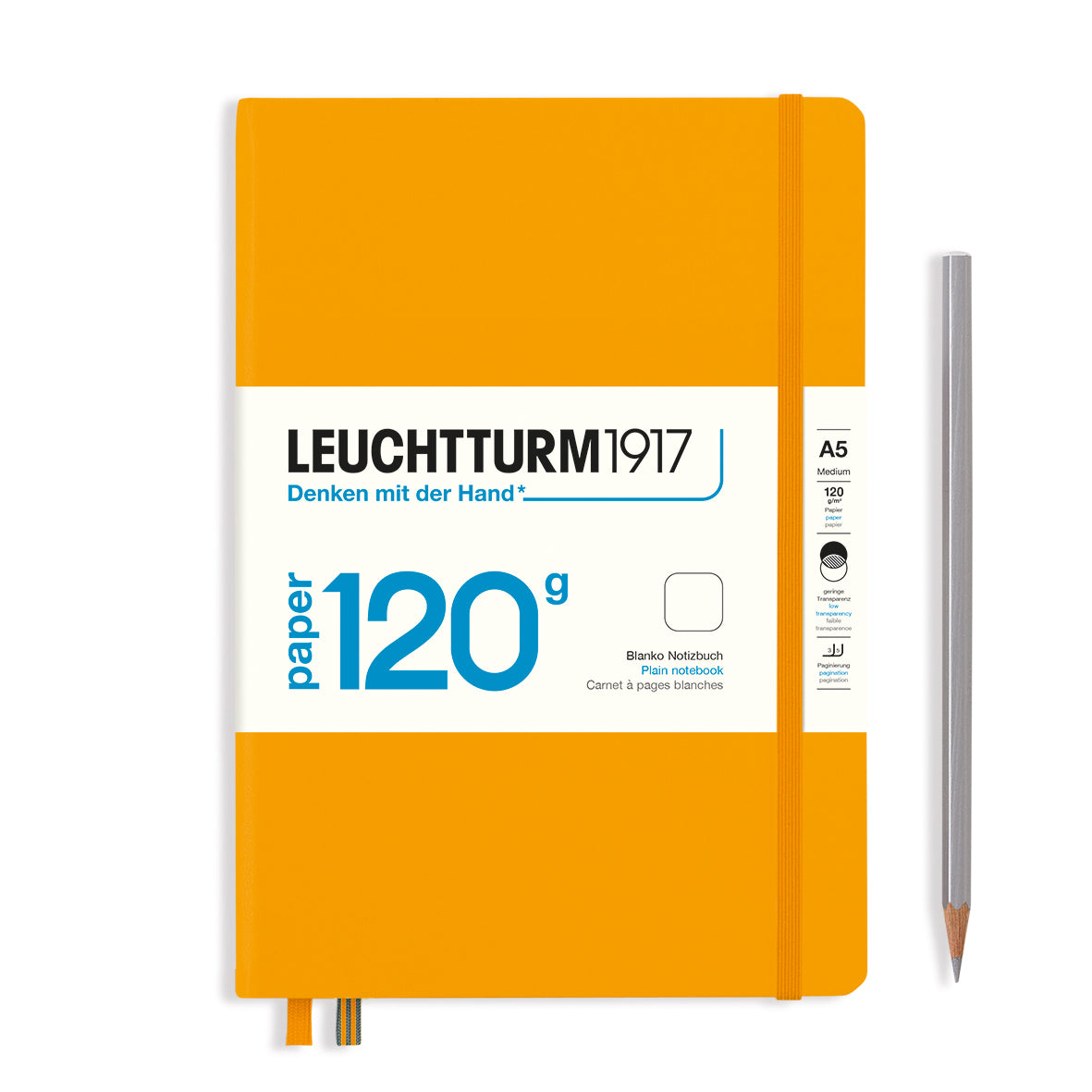 Orange notebook with white label featuring 'Leuchtturm1917' on a white background