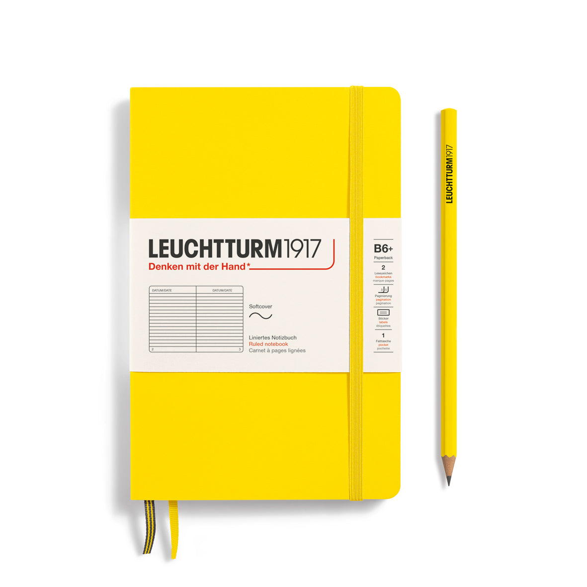Yellow notebook with a pencil on a white background, featuring Leuchtturm1917 branding.