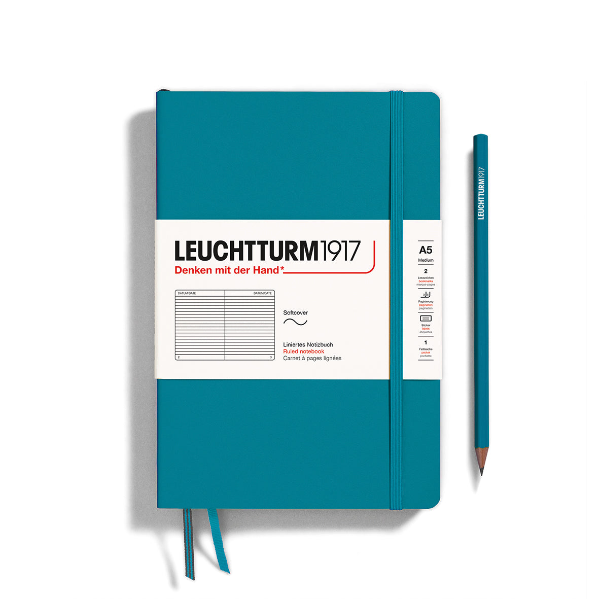 Blue notebook with white label featuring 'Leuchtturm1917' on a white background