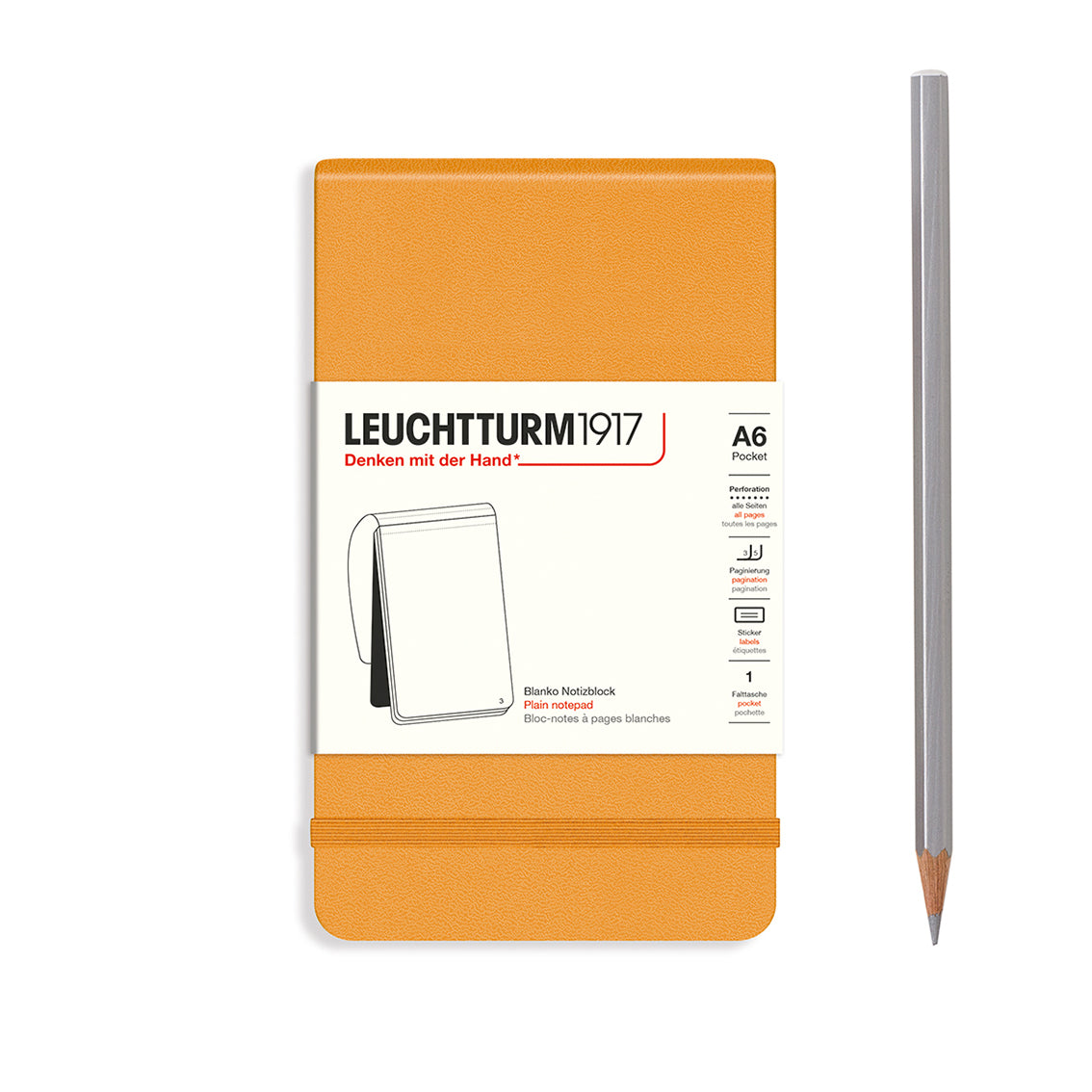 Orange notebook with Leuchtturm1917 branding and a pencil on a white background