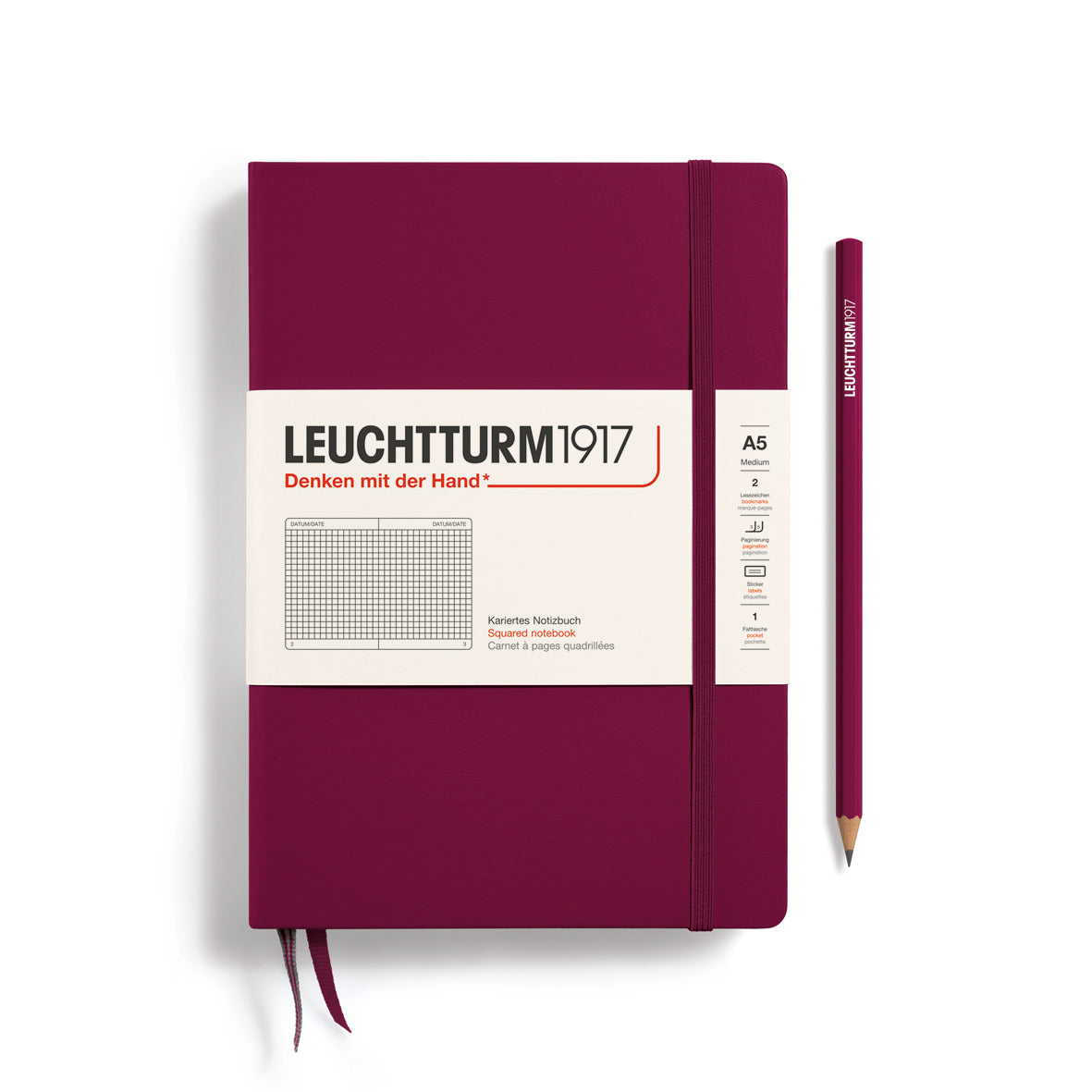 Purple notebook with a pencil on a white background, featuring Leuchtturm1917 branding.