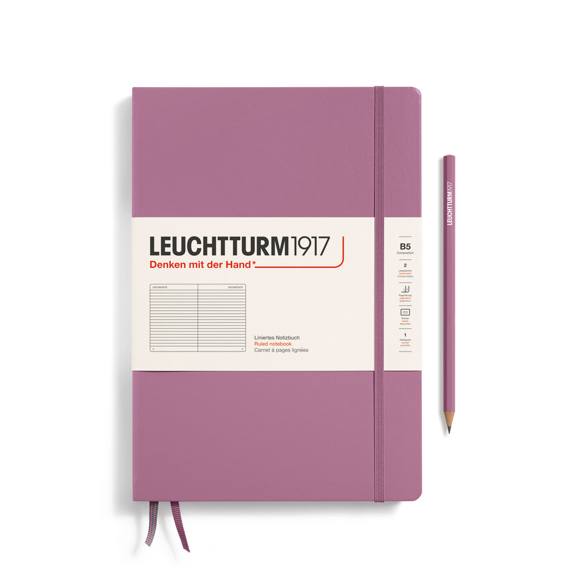 Purple notebook with white label featuring 'Leuchtturm1917' on a white background