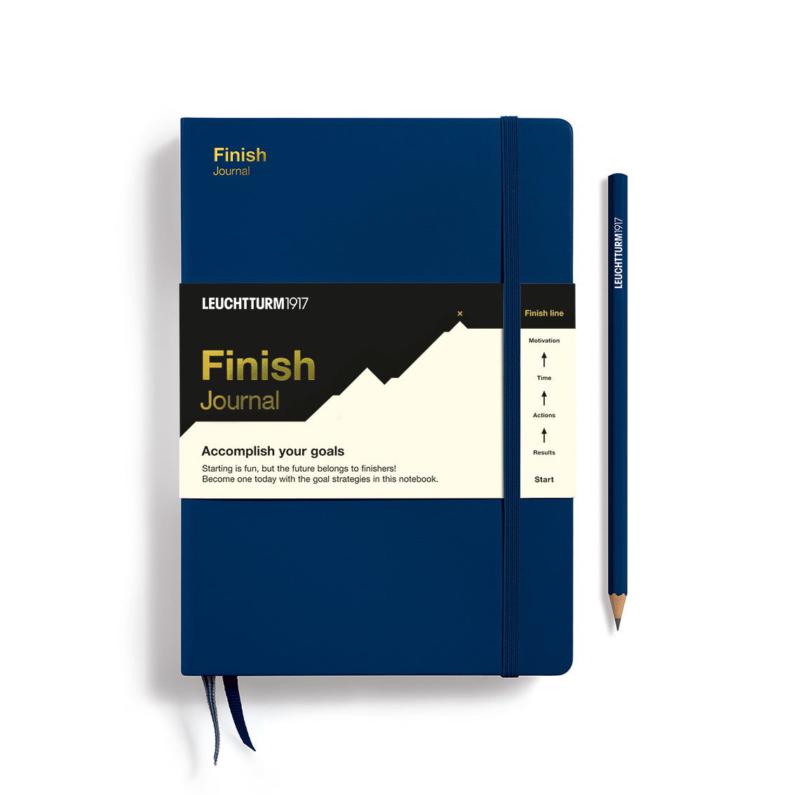 Blue notebook with a pencil on a white background