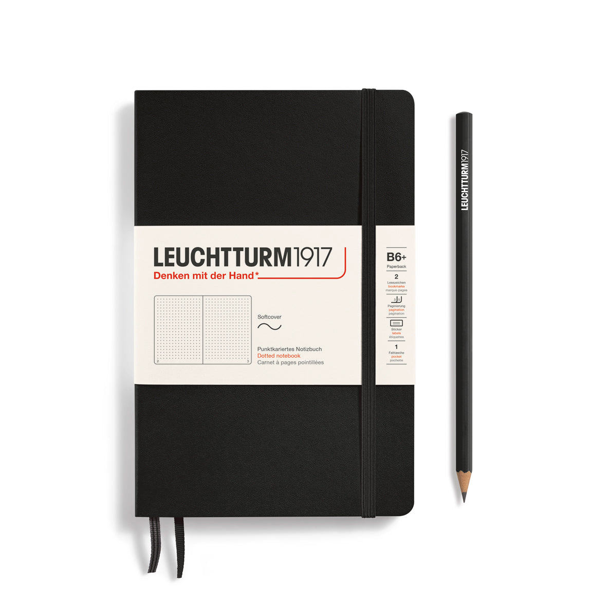 Black notebook with Leuchtturm1917 branding and a pencil on a white background