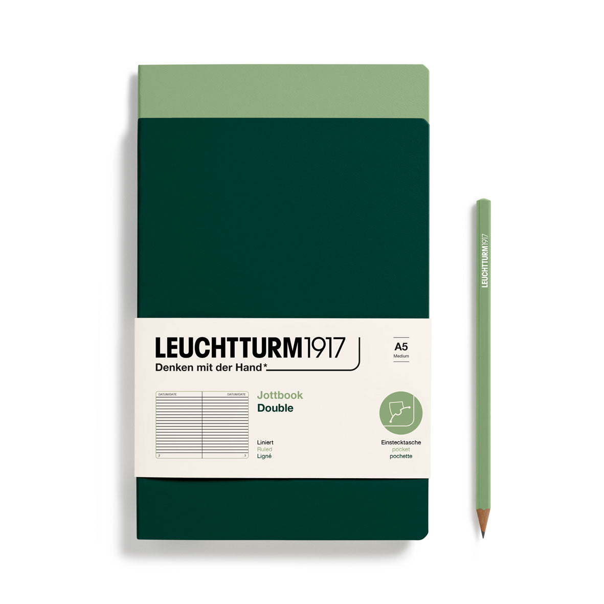Green notebook with a pencil on a white background, featuring Leuchtturm1917 branding.