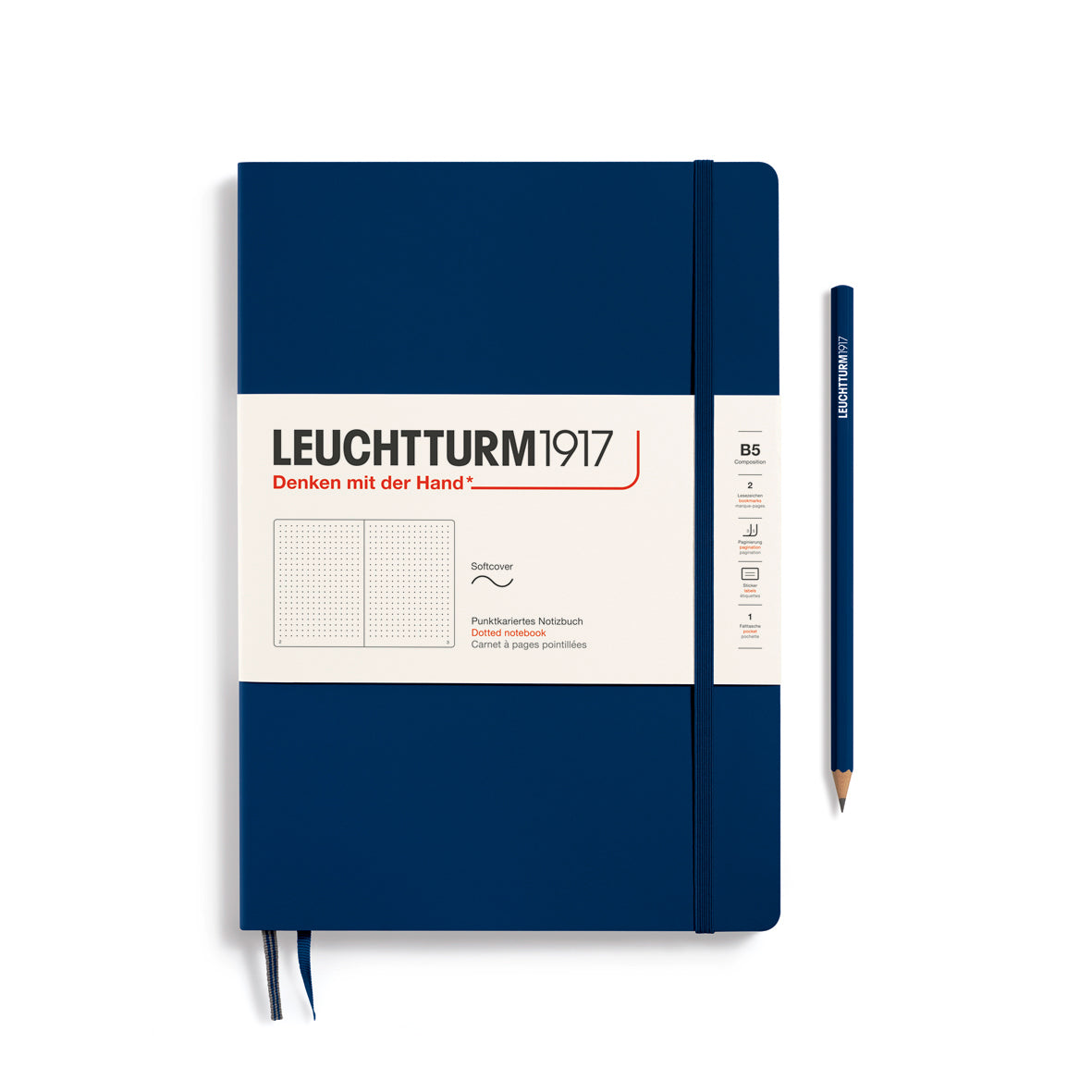 Blue notebook with white label featuring 'Leuchtturm1917' branding on a white background