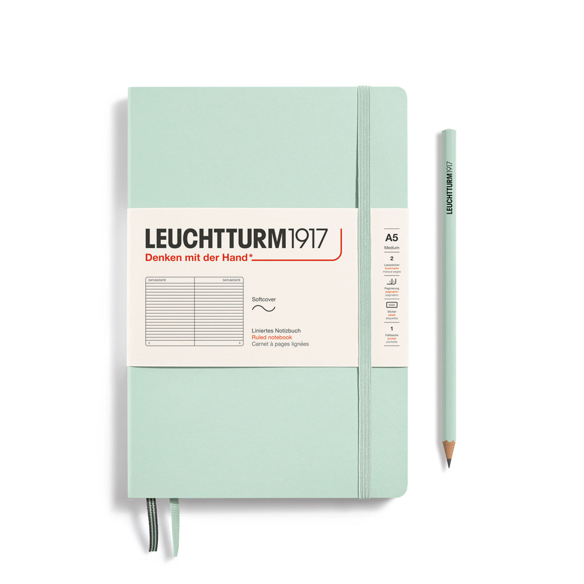 Light green notebook with white label and pencil on a white background, featuring Leuchtturm1917 branding.