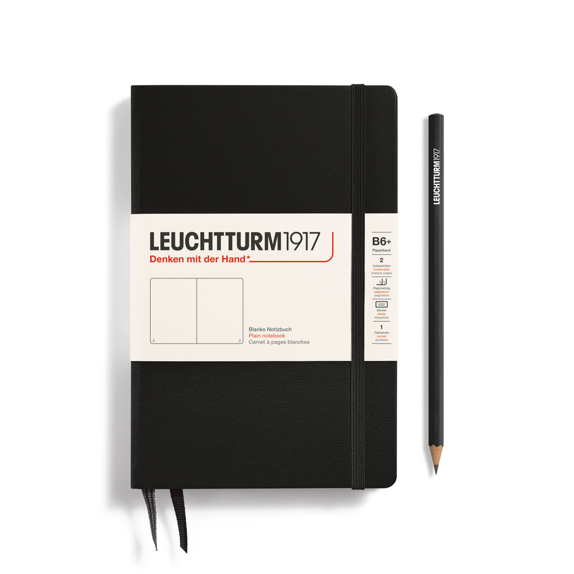 Black notebook with white label featuring 'Leuchtturm1917' branding on a white background.